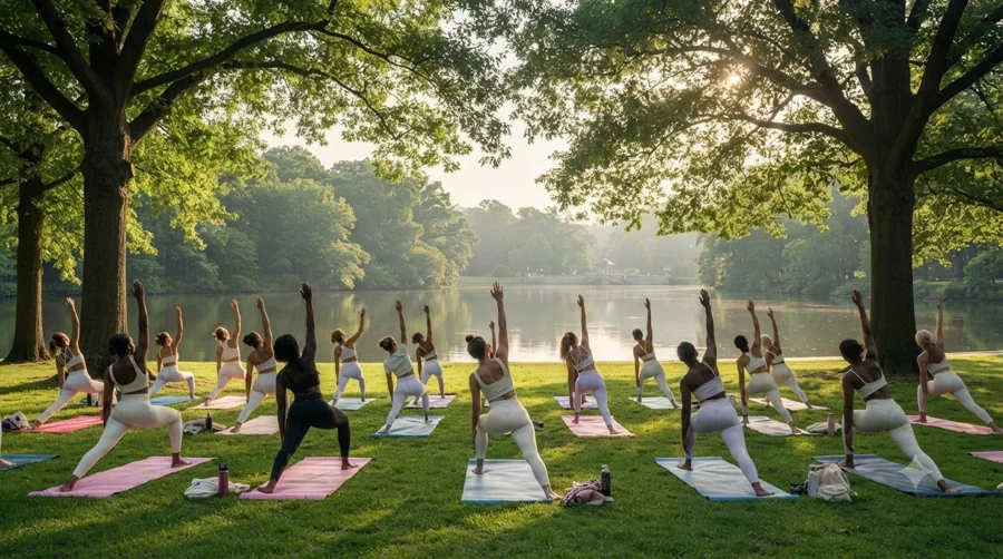 Séance de Pilates dans un parc au bord de l'eau