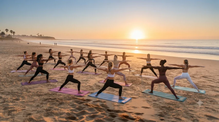 Séance de Pilates sur la plage au coucher du soleil